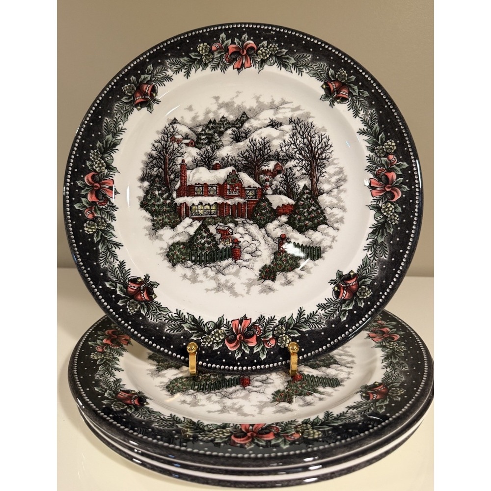 Royal Stafford Christmas 10 3/4" Dinner Plates Snowy Village Set Of 4 — New